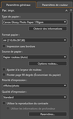 figure : Onglet Paramètres généraux (Paramètres d'impression)