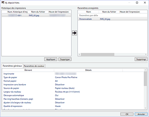 figure : Fenêtre Ajouter à partir de l'historique des impressions