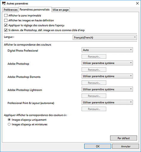 figure : Boîte de dialogue Autres paramètres