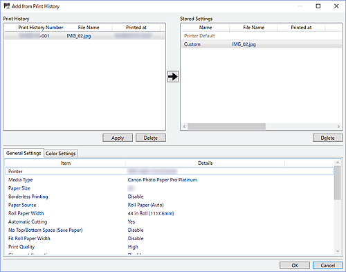 figure: Add from Print History window