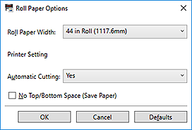 figura: Caixa de diálogo Opções de papel em rolo