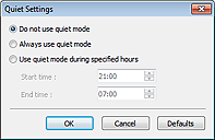 attēls: dialoglodziņš Klusā režīma iestatījumi