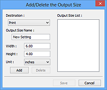 obrázek: Dialogové okno Přidat/odstranit výstupní velikost
