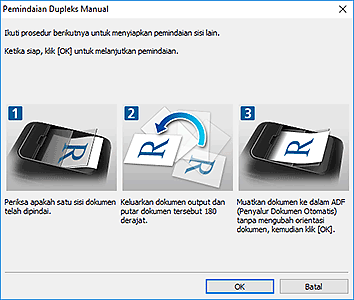 gambar: Kotak dialog Pemindaian Dupleks Manual (Sisi Panjang)