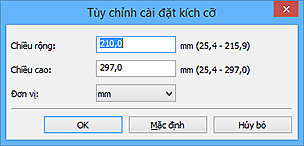 hình: Hộp thoại Tùy chỉnh cài đặt kích cỡ