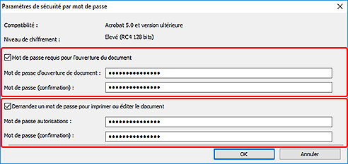 figure : boîte de dialogue Paramètres de sécurité par mot de passe