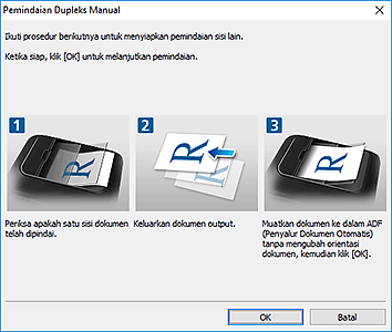 gambar: Kotak dialog Pemindaian Dupleks Manual (Sisi pendek)