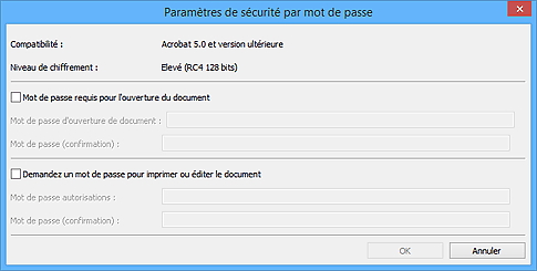 figure : boîte de dialogue Paramètres de sécurité par mot de passe