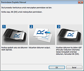 gambar: Kotak dialog Pemindaian Dupleks Manual (Sisi pendek)