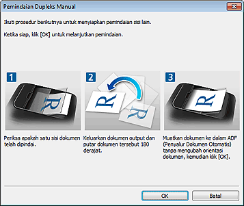 gambar: Kotak dialog Pemindaian Dupleks Manual (Sisi Panjang)