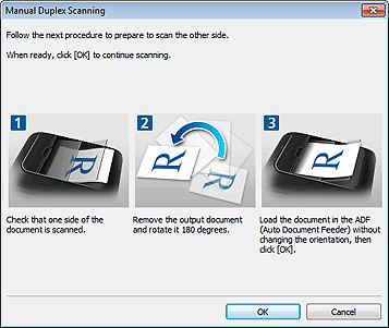 attēls: dialoglodziņš Manuāla divpusēja skenēšana (Garā mala)