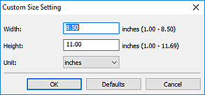 figure: Custom Size Setting dialog box