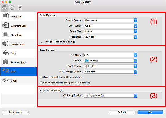 Canon : Vejledninger : IJ Scan Utility Lite : Dialogen Indstillinger (OCR)