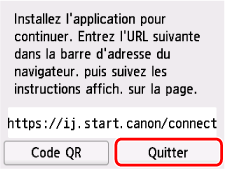 Écran URL de téléchargement de l'application&nbsp;: souhaitez-vous connecter un ordinateur ou un smartphone à l'imprimante maintenant.