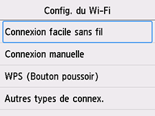 Écran de configuration Wi-Fi : Sélectionnez Connexion facile sans fil