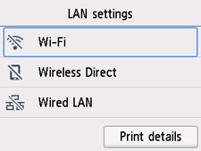 Schermata Impostazioni LAN: Selezionare Wi-Fi