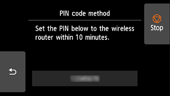 WPS (PIN code method) screen: Set the PIN below to the wireless router within 10 minutes.