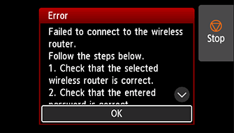 Pantalla de error: Error al conectar con el router inalámbrico.
