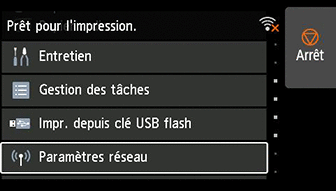 Écran ACCUEIL : Sélection des Paramètres réseau