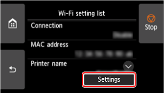 Wi-Fi screen: Select Settings