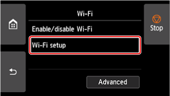 Wi-Fi screen: Select Wi-Fi setup