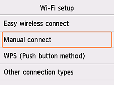 Obrazovka Nastavení Wi-Fi: Vyberte možnost Ruční připojení