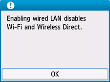 Экран «Проводная сеть»: «Включение проводной сети выключит Wi-Fi и прямое подключение»