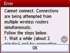 Fejlskærmbillede: Kan ej oprette forbindelse. Der forsøges at opnå tilslutning fra flere trådløse routere samtidig.