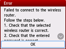 Fejlskærmbillede: Kunne ej oprette forbindelse til trådløs router.