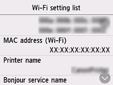 Zaslon Popis postavki za Wi-Fi