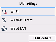 Schermata Impostazioni LAN: Selezionare Wi-Fi