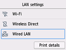 Obrazovka Nastavenia siete LAN: výber položky Káblová sieť LAN