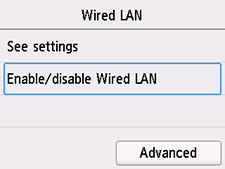 Obrazovka Káblová sieť LAN: výber položky Kábl. sieť LAN aktívna/neaktívna