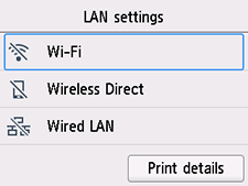 Obrazovka Nastavení sítě LAN: Výběr možnosti Wi-Fi