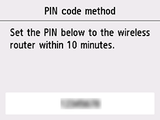 [WPS(PIN 코드 방법)] 화면: 아래 PIN을 10분 이내로 무선 라우터에 설정하십시오.
