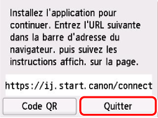 Écran URL de téléchargement de l'application&nbsp;: souhaitez-vous connecter un ordinateur ou un smartphone à l'imprimante maintenant.
