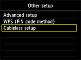 Pantalla Otra configuración: Seleccionar Config. sin cables