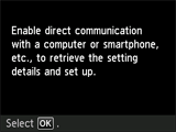 Pantalla Configuración sin cables: Permite la comunicación directa con un ordenador o teléfono inteligente, etc. para recuperar la configuración y configurar.