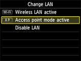 Schermata Modifica LAN: Selezione di Mod. punto di acc. attiva