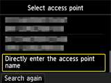 Access point selection screen: Select Directly enter the access point name