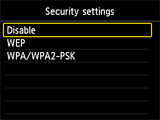 Security settings screen