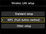 Tela Configuração de LAN s/ fio: selecione WPS (Método botão de pressão)
