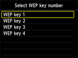 WEP key number selection screen