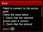 Error screen: Failed to connect to the access point.