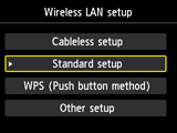 Wireless LAN setup screen: Select Standard setup