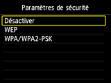Ecran Paramètres de sécurité