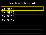 Ecran de sélection de la clé WEP