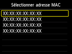 Ecran de sélection de l'adresse Mac