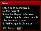 Écran d'erreur : Echec de la connexion au routeur sans fil.
