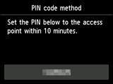 Schermata Metodo codice PIN: Impostare il seguente PIN nel punto di accesso entro 10 minuti.